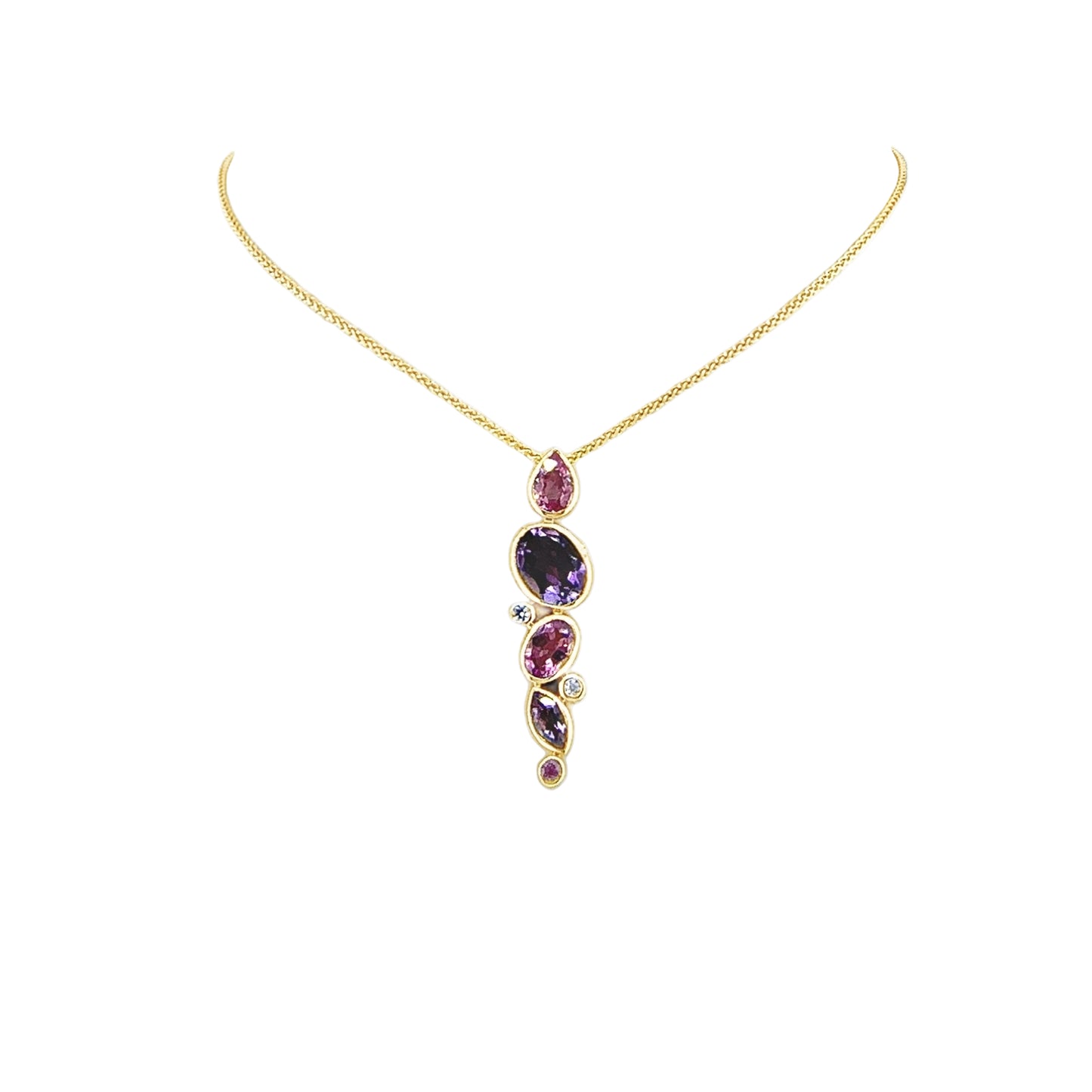 Stunning Pink Sapphire, Amethyst and Diamond Pendant Necklace