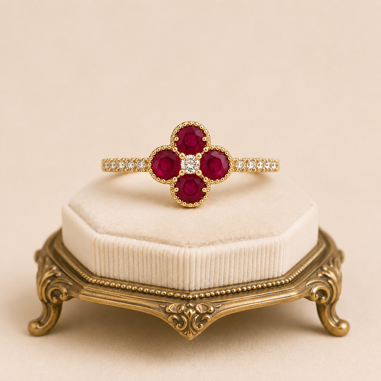 Ruby and Diamond Flower Ring