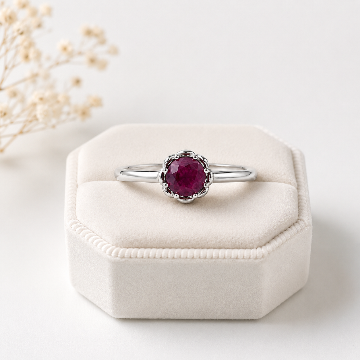 Engraved Facetted Ruby Birthstone Ring