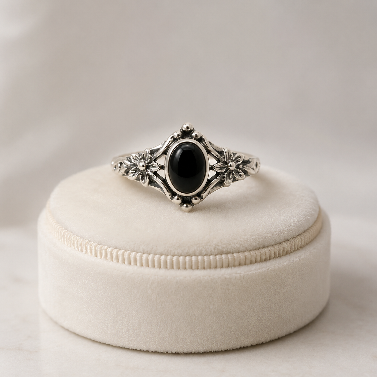 Delicate Floral Black Onyx Ring