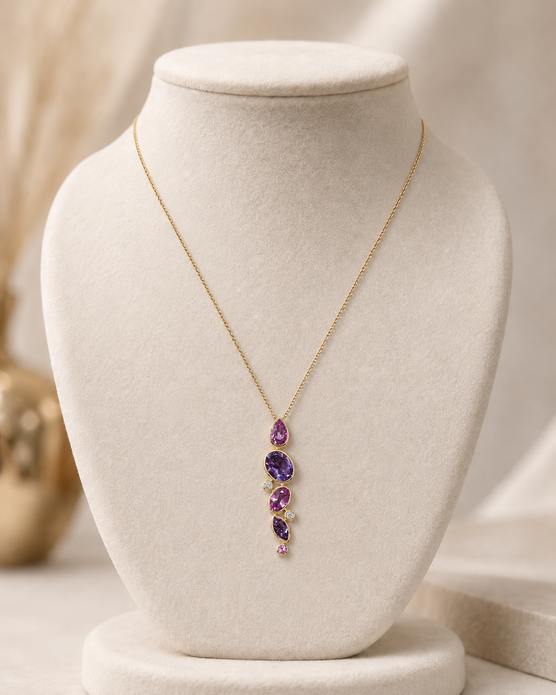 Pink Sapphire, Amethyst and Diamond Pendant Necklace