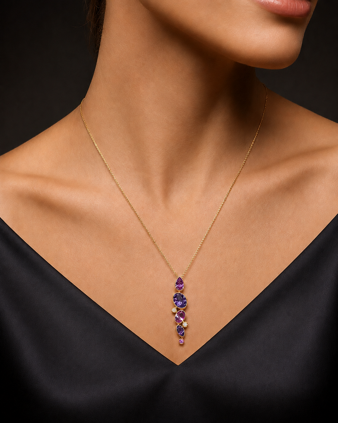 Pink Sapphire, Amethyst and Diamond Pendant Necklace