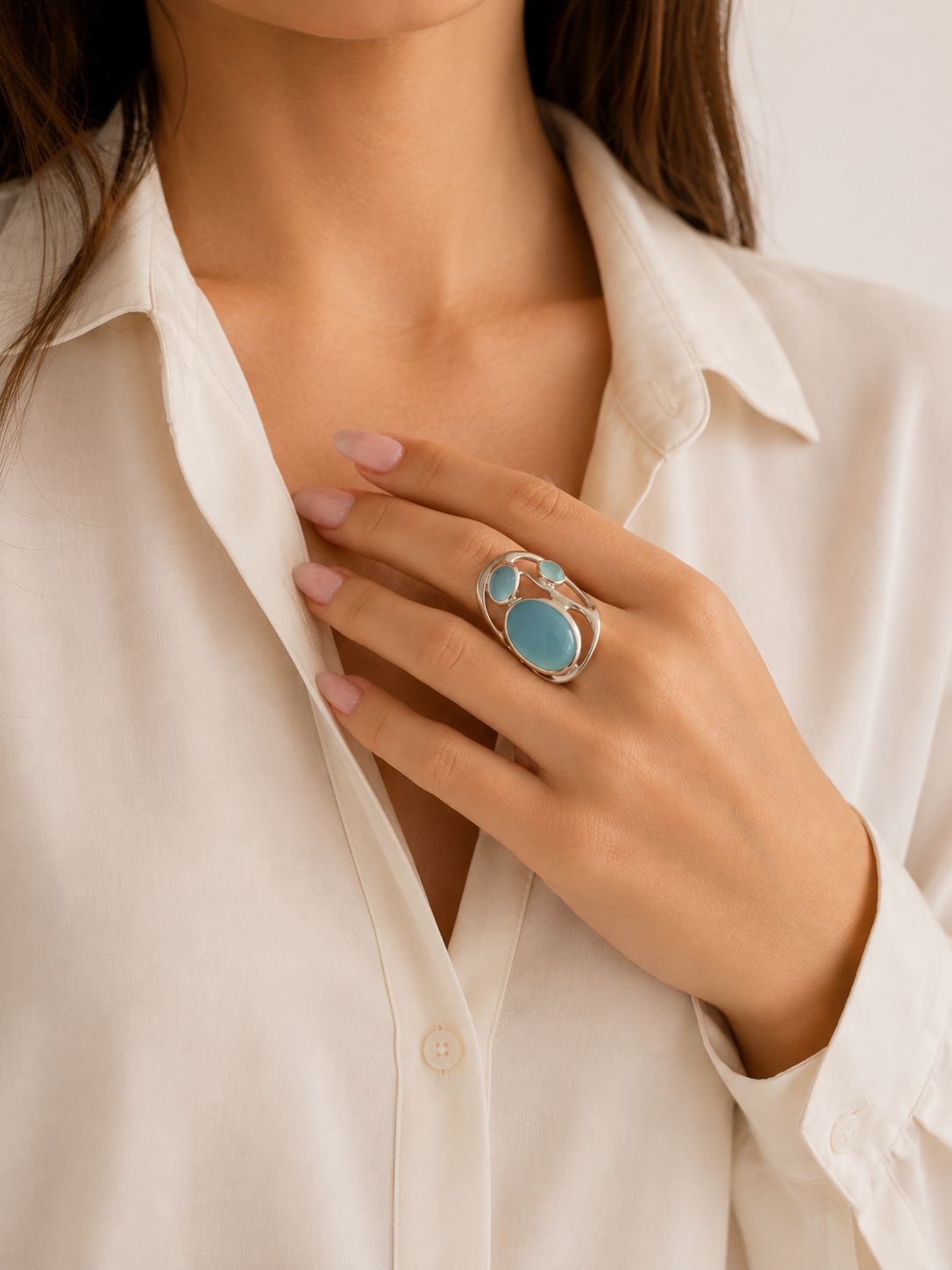 Large Flowy Swirly Blue Chalcedony Ring