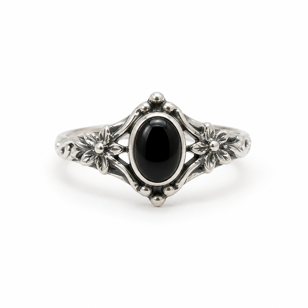 Delicate Floral Black Onyx Ring