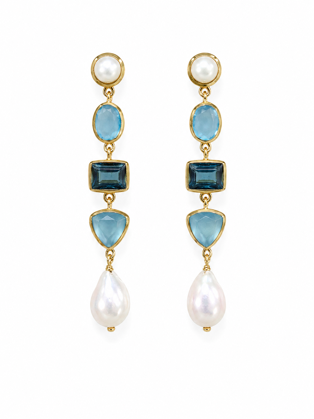 Blue Chalcedony, Blue Topaz and Pearl Dangle Earrings