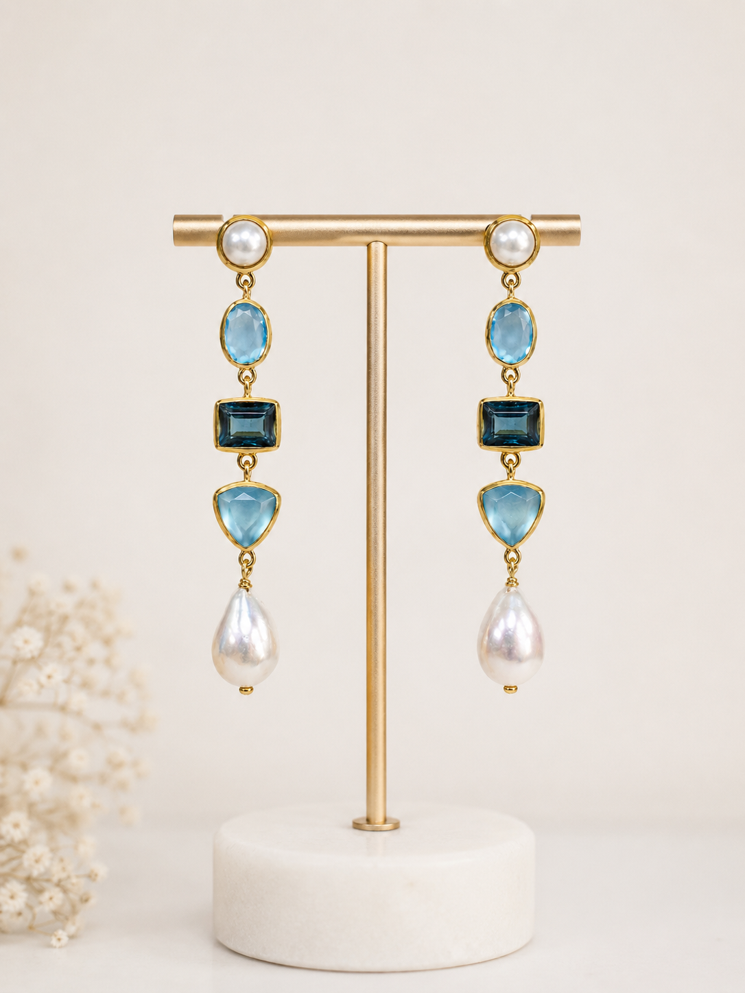 Blue Chalcedony, Blue Topaz and Pearl Dangle Earrings