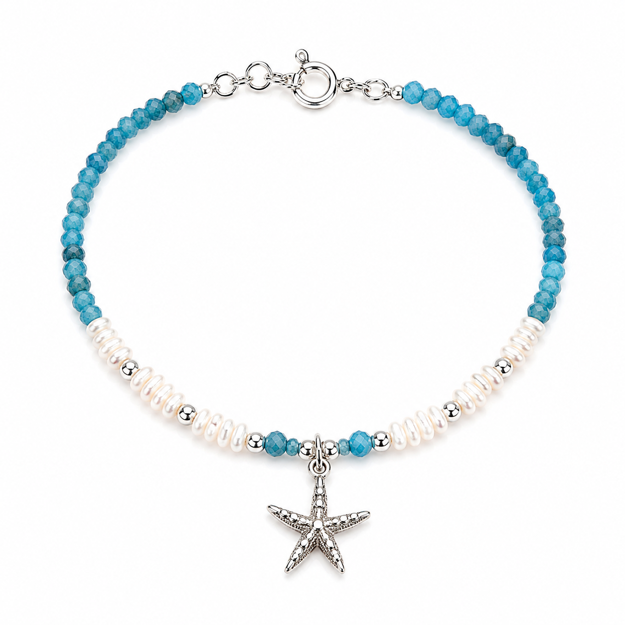 Blue Chalcedony, Freshwater Pearl & Sterling Silver Starfish Bracelet