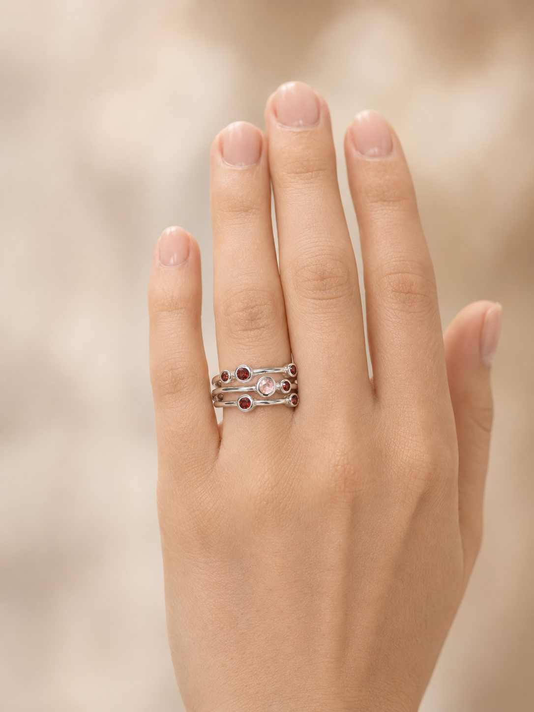 Rose Quartz & Garnet Raindrop Ring