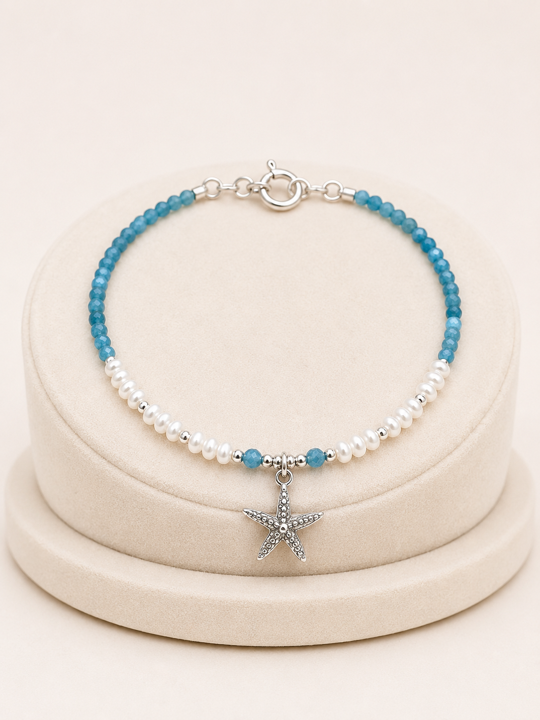 Blue Chalcedony, Freshwater Pearl & Sterling Silver Starfish Bracelet