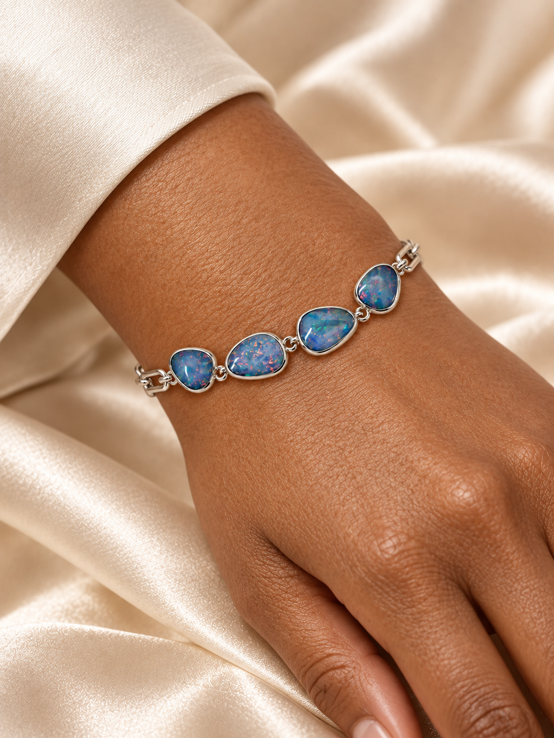 Silver Rectangle Link Opal Bracelet