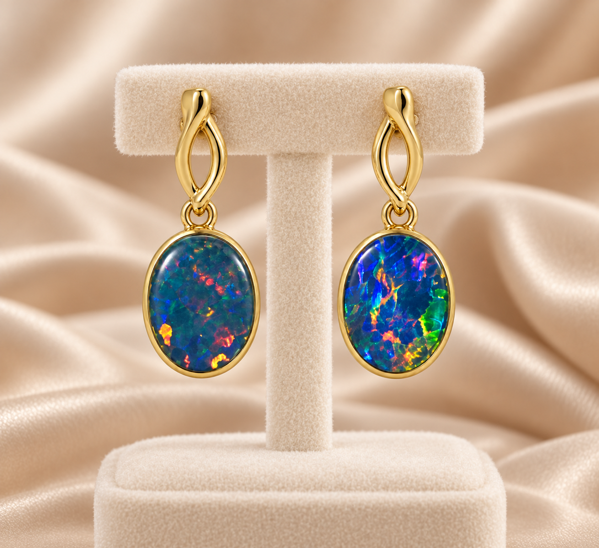 9ct Gold Oval Opal Stud Drop Earrings