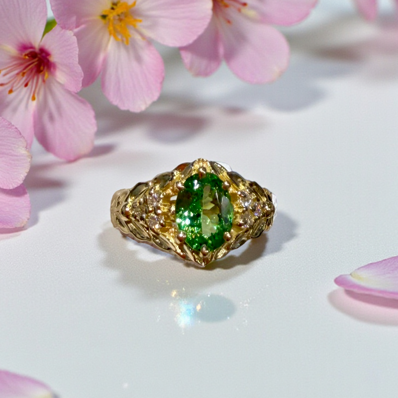 'Juniper' a fresh and vivid garnet and leaf ring