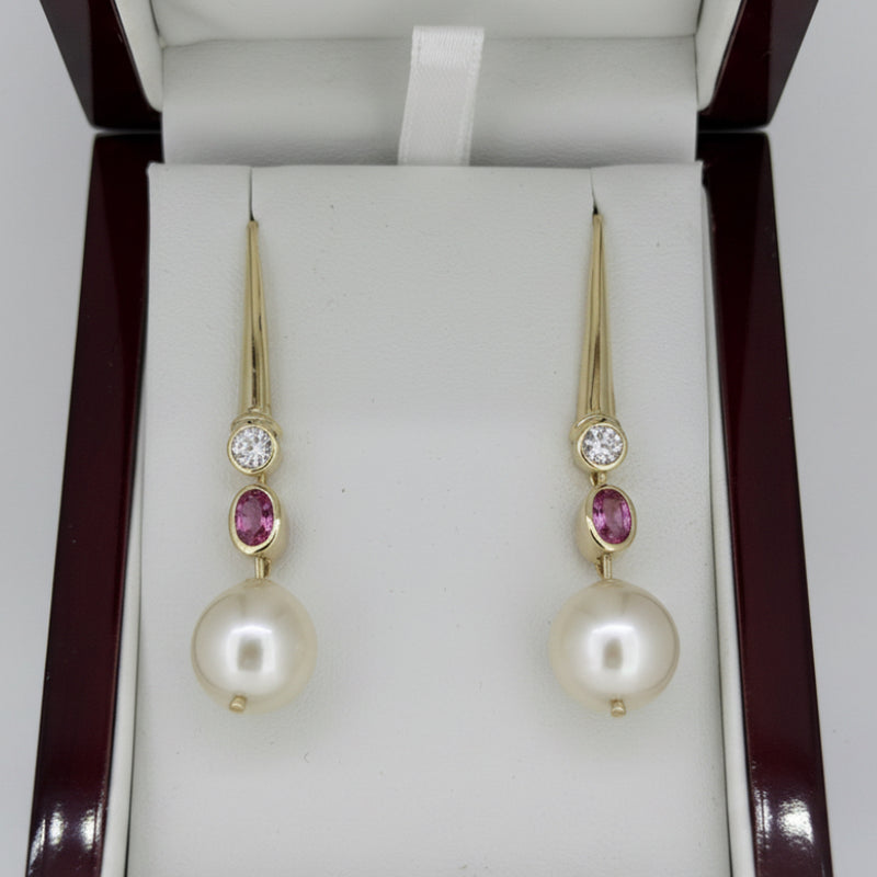 'Juno' gold, pearl, diamond and pink sapphire drop earrings